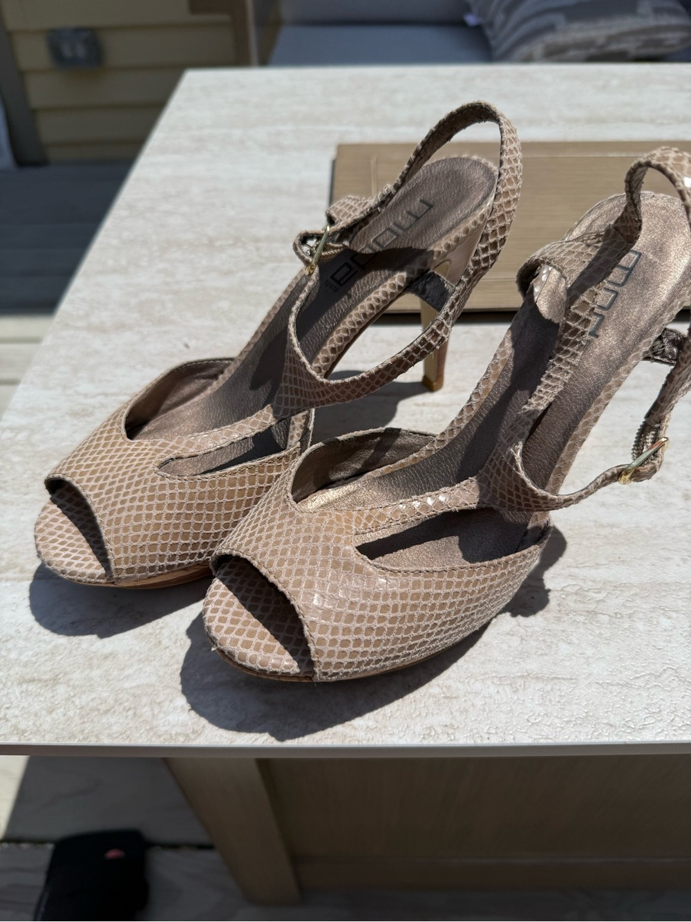Moda International Beige Snakeskin Peep-Toe Slingback Heels